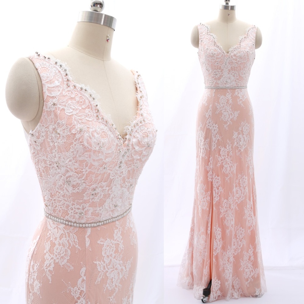 V Neck Lace Sheath Prom Formal Gown Pink Evening Dress